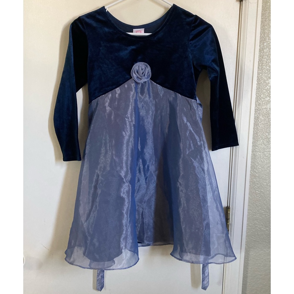🌞Evy Blue Velour A-Line & Iridescent Blue Lace Overlay Holiday Dress #A